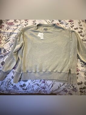 Seriously Lived In Waffle-Knit Crewneck Sweater - Light Sage